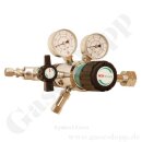 Flaschendruckminderer Helium 300 bar 2-stufig bis 3,0 bar regelbar - Anschluss W30x2 DIN 477-5 Nr.54 - Ausgang Absperrventil 1/8" KRV - 20 m&sup3;/h - Messing verchromt 6.0 - GCE Druva CPLH0DJ