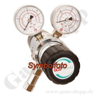 Flaschendruckminderer Sauerstoff Synthetische Luft 300 bar 2-stufig - bis 10 bar regelbar - Anschluss W30x2" DIN477-5 Nr.59 - Ausgang 1/4" KRV - 6 Port - Eingang Rechts - Messing verchromt 6.0 - GCE Druva CPLH0DJ