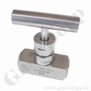 Nadelventil - IN / OUT G 1/4" IG - gerader Durchgang - Metall Knebelgriff - max. 420 bar - 200°C - PTFE - Edelstahl