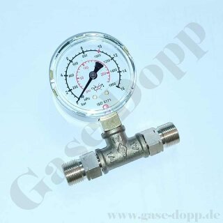 Prüfmanometer Ø 63 mm Brenngas Anzeige bis 16 bar / roter Strich 10 bar - G 3/8" LH AG x G 3/8" LH AG - Durchgang T-Stück G 1/4" - Messing