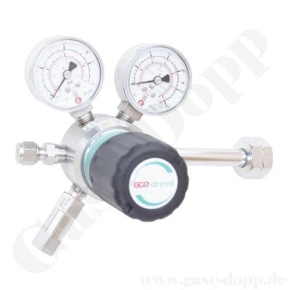 Flaschendruckminderer Prüfgas 200 bar 1-stufig bis 16 bar regelbar - Anschluss M19x1,5 LH DIN 477-1 Nr.14 - Ausgang 6 mm KRV - Eingang Rechts - FKM - 20 m³/h - Edelstahl 6.0 - GCE Druva CSLH0SJ