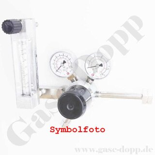 Flaschendruckminderer Helium 200 bar - bis 1,0 bar regelbar - 2-stufig mit Flowmeter bis 2,0 l/min - IN DIN477-1 Nr. 6 W21,8x1/14" Handanschluss - OUT 1/4" NPT IG - 6 Port - Messing verchromt 6.0 - GCE Druva CPLH0DJ