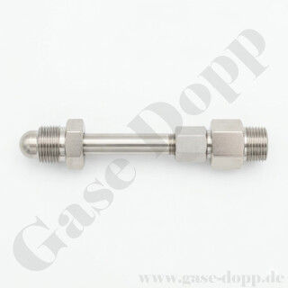 Flaschenanschluss Adapter CGA-580 AG x W24,32"x 1/14" AG - Stickstoff 200 bar - Länge 156 mm - Messing vernickelt / Edelstahl
