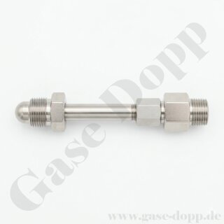 Flaschenanschlussadapter Stickstoff 200 bar CGA-580 x W24,32"x 1/14" AG - L&auml;nge 156 mm - Messing vernickelt/ Edelstahl