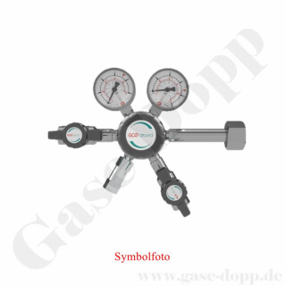 Flaschendruckminderer Helium 200 bar - bis 3 bar regelbar - 2-stufig - Eingang W21,8x1/14" IG ÜM DIN477-1 Nr.6 Ausgang 10 mm KRV - Spülventil und Absperrventil - 6 Port - Eingang Rechts - EPDM - Messing verchromt 6.0 - GCE Druva CPLHEDJ