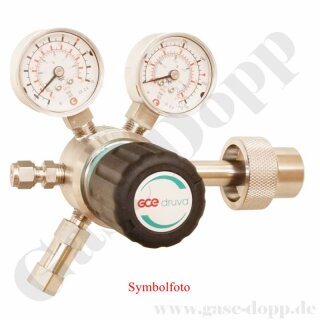 Flaschendruckminderer Stickstoff 200 bar 2-stufig bis 1,0 bar regelbar - Anschluss W24,32x1/14" DIN 477-1 Nr.10 Handanschluss - Ausgang 6mm KRV - FKM - Messing verchromt 6.0 - 20 m&sup3; - GCE Druva CPLH0DJ