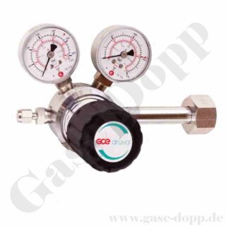 Flaschendruckminderer Helium Argon  200 bar 2-stufig bis 100 bar regelbar - Handanschluss rechts W21,8x1/14" DIN 477-1 Nr. 6 - Ausgang 1/4" NPT IG - Sondermontage - Messing verchromt 6.0 - GCE Druva CPLH0SJ