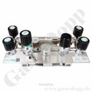 Batteriedruckminderer Entspannungsstation Druckregelstation - halbautomatische Umschaltung - 200 bar - 14 bar fest eingestellt - 1-stufig - 2 Eingänge M14x1,5 AG - Ausgang 1/4" NPT - mit Eigengasspülung - EPDM - Messing verchromt 6.0 - GCE Druva