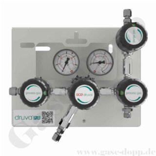 Druckregelstation 1 Eingang 300 bar max. bis 200 bar regelbar - 1-stufig - IN 1/4" NPT IG - OUT 1/4" NPT IG + Absperrventil - mit Prozessgasspülung - Messing verchromt 6.0 - GCE Druva MPLH0XSP