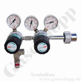 Flaschendruckminderer Prüfgas 200 bar 2-stufig bis 100 bar regelbar - Anschluss M19x1,5 LH DIN 477-1 Nr.14 - Ausgang 6 mm KRV - Sondermontage - EPDM - Edelstahl 6.0 - GCE Druva CSLHEDJ