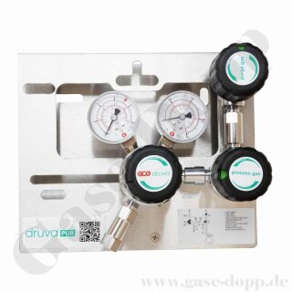 Druckregelstation 1 Eingang 300 bar max. bis 14 bar regelbar - 1-stufig - IN M14x1,5 AG  OUT 6 mm KRV - mit Prozessgasspülung - Messing verchromt 6.0 - GCE Druva MPLH0XSP
