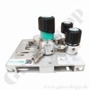 Druckregelstation 1 Eingang 300 bar max. bis 14 bar regelbar - 1-stufig - IN M14x1,5 AG  OUT 6 mm KRV - mit Prozessgasspülung - Messing verchromt 6.0 - GCE Druva MPLH0XSP