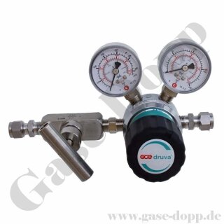 Leitungsdruckminderer bis 200 bar regelbar - Eingang max. 300 bar Rechts - 1-stufig - IN KRV 8 mm - OUT Nadelventil mit KRV 8 mm - 6 Port - ohne Sicherheitsüberdruckventil - Messing verchromt 6.0 - GCE Druva LPLH0SJ