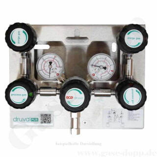 Batteriedruckminderer Entspannungsstation Druckregelstation - manuelle Umschaltung - 300 bar bis 200 bar regelbar - 1-stufig - 2 Eingänge 1/4" NPT IG - Ausgang 1/4" NPT IG - Prozessgasspülung - 20 m³/h - FKM - Messing verchromt 6.0 - GCE Druva MPLH0MSP00