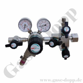 Flaschendruckminderer Kohlenmonoxid 200 bar 1-stufig bis 100 bar regelbar - Anschluss W 1" LH DIN 477-1 Nr.5 - mit Fremdgasspülung - Ausgang 1/4" IG mit Absperrventil - EPDM - Edelstahl 6.0 - GCE Druva CSLHESJ