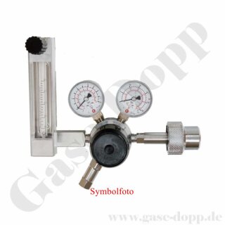 Flaschendruckminderer Prüfgas 200 bar - 2 bar fix - 2-stufig mit Flowmeter bis 50,0 l/min - IN DIN477-1 Nr. 14 M19x1,5 LH Handanschluss - OUT 6 mm KRV - 6 Port - Messing verchromt 6.0 - GCE Druva CPLH0DJ