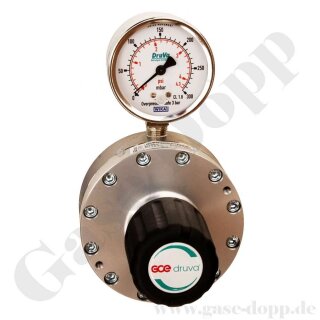 Leitungsdruckminderer bis 250 mbar regelbar - Eingang max. 12 bar Rechts - 1-stufig - IN / OUT 6 mm KRV - 4 Port - Messing verchromt 6.0 - GCE Druva LPBPVSF