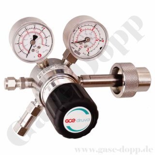 Flaschendruckminderer Helium 200 bar 1-stufig bis 3 bar regelbar - HandAnschluss W21,8x1/14" DIN 477-1 Nr.6 - Ausgang 6 mm KRV - Edelstahl 6.0 - GCE Druva CSLH0SJ