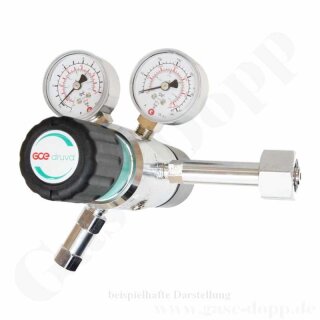 Flaschendruckminderer Helium 200 bar 2-stufig bis 10 bar regelbar - Anschluss W21,8x1/14" DIN 477-1 Nr.6 - Ausgang 1/8" KRV - FKM - Edelstahl 6.0 - GCE Druva CSLH0DJ