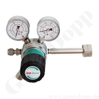 Flaschendruckminderer CGA-350 200 bar 1-stufig bis 28 bar regelbar - Anschluss 0,825"-14 NGO LH CGA350 - Ausgang 6 mm KRV - FKM - Messing verchromt 6.0 - GCE Druva CPLH0SJ