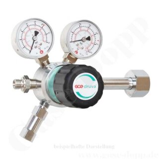 Flaschendruckminderer Helium 200 bar 1-stufig bis 28 bar regelbar - Anschluss W21,8x1/14" DIN 477-1 Nr.6 - Ausgang 1/4" NPT AG - 20 m³/h - FKM - Messing verchromt 6.0 - GCE Druva CPLH0SJ