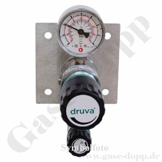 Labor Entnahmestelle auf Wandplatte mit Regulierventil bis 1,5 bar regelbar - Eingangsdruck max. 40 bar - Eingang G 1/4" Oben Ausgang G 1/4" unten mit Regulierventil - Messing verchromt 6.0 - GCE Druva EMD 40010