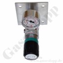Labor Entnahmestelle auf Wandplatte mit Regulierventil bis 1,5 bar regelbar - Eingangsdruck max. 40 bar - Eingang G 1/4" Oben Ausgang G 1/4" unten mit Regulierventil - Messing verchromt 6.0 - GCE Druva EMD 40010