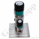 Labor Entnahmestelle auf Wandplatte mit Regulierventil bis 1,5 bar regelbar - Eingangsdruck max. 40 bar - Eingang G 1/4" Oben Ausgang G 1/4" unten mit Regulierventil - Messing verchromt 6.0 - GCE Druva EMD 40010