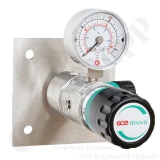 Labor Entnahmestelle auf Wandplatte mit Absperrventil im Eingang - max. 50 bar - 1,0 - 20 bar regelbar - Eingang 1/4" NPT IG oben - Ausgang 1/4" NPT IG unten - FKM - Messing verchromt 6.0 - GCE DRUVA PLCMVBCWMSP