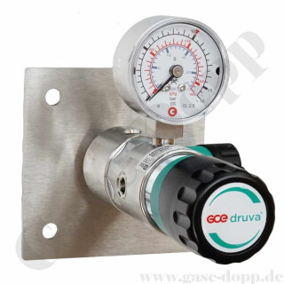 Labor Entnahmestelle auf Wandplatte mit Absperrventil im Eingang - max. 50 bar - ca. 0,5 - 10 bar regelbar - Eingang 1/4" NPT IG oben - Ausgang 1/4" NPT IG unten - FKM - Messing verchromt 6.0 - GCE DRUVA PLCMVBCWMSP