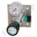 Labor Entnahmestelle auf Wandplatte mit Absperrventil im Eingang - max. 50 bar - ca. 0,5 - 10 bar regelbar - Eingang 1/4" NPT IG oben - Ausgang 1/4" NPT IG unten - FKM - Messing verchromt 6.0 - GCE DRUVA PLCMVBCWMSP