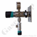 Labor Entnahmestelle auf Wandplatte mit Absperrventil im Eingang + Regulierventil im Ausgang 90° nach vorn - max. 50 bar - 0,5 - 10 bar regelbar - Eingang 1/4" NPT IG oben - Ausgang 1/4" NPT IG vorn - FKM - Messing verchromt 6.0 - GCE DRUVA PLCMVBC