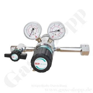 Flaschendruckminderer Prüfgas 200 bar 2-stufig - 0,3 bis 3,0 bar (a) AbsolutDruck regelbar - vakuumtauglich - Anschluss M19x1,5 LH DIN 477-1 Nr.14 - Ausgang1/4" NPT IG mit Absperrventil - 20 m³/h - EPDM - Edelstahl 6.0 - GCE Druva
