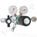 Flaschendruckminderer Prüfgas 200 bar 2-stufig - 0,3 bis 3,0 bar (a) AbsolutDruck regelbar - vakuumtauglich - Anschluss M19x1,5 LH DIN 477-1 Nr.14 - Ausgang1/4" NPT IG mit Absperrventil - 20 m³/h - EPDM - Edelstahl 6.0 - GCE Druva