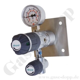 Labor Entnahmedruckminderer auf Wandplatte mit Absperr- & Regulierventil - max. 50 bar / bis 4,0 bar regelbar - Eingang 1/4" NPT IG oben - Ausgang 1/4" NPT IG unten - Messing verchromt 6.0 - GCE DRUVA PLCIVBC