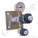 Labor Entnahmedruckminderer auf Wandplatte mit Absperr- & Regulierventil - max. 50 bar / bis 4,0 bar regelbar - Eingang 1/4" NPT IG oben - Ausgang 1/4" NPT IG unten - Messing verchromt 6.0 - GCE DRUVA PLCIVBC