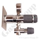 Labor Entnahmedruckminderer auf Wandplatte mit Absperr- & Regulierventil - max. 50 bar / 0,5 - 10,0 bar regelbar - Eingang 1/4" NPT IG oben - Ausgang 1/4" NPT IG unten - FKM - Messing verchromt - GCE DRUVA PLCIVBCWMCP