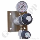 Labor Entnahmedruckminderer auf Wandplatte mit Absperrventil im Eingang + Absperr- & Regulierventil im Ausgang - 50 bar - 0,2 bis 1,5 bar regelbar - Eingang 1/4" NPT IG oben - Ausgang 1/4" NPT IG unten - EPDM - Messing verchromt 6.0 - DRUVA PLCIEBCWMSP