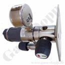 Labor Entnahmedruckminderer auf Wandplatte mit Absperrventil im Eingang + Absperr- & Regulierventil im Ausgang - 50 bar - 0,2 bis 1,5 bar regelbar - Eingang 1/4" NPT IG oben - Ausgang 1/4" NPT IG unten - EPDM - Messing verchromt 6.0 - DRUVA PLCIEBCWMSP