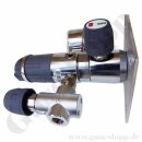 Labor Entnahmedruckminderer auf Wandplatte mit Absperrventil im Eingang + Absperr- & Regulierventil im Ausgang - 50 bar - 0,2 bis 1,5 bar regelbar - Eingang 1/4" NPT IG oben - Ausgang 1/4" NPT IG unten - EPDM - Messing verchromt 6.0 - DRUVA PLCIEBCWMSP