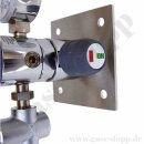 Labor Entnahmedruckminderer auf Wandplatte mit Absperrventil im Eingang + Absperr- & Regulierventil im Ausgang - 50 bar - 0,2 bis 1,5 bar regelbar - Eingang 1/4" NPT IG oben - Ausgang 1/4" NPT IG unten - EPDM - Messing verchromt 6.0 - DRUVA PLCIEBCWMSP