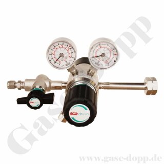 Flaschendruckminderer Prüfgas 200 bar 2-stufig bis 6,0 bar regelbar - Anschluss M19x1,5 LH DIN 477-1 Nr.14 - Ausgang 8 mm KRV mit Absperrventil - EPDM - Edelstahl 6.0 - GCE Druva CSLHEDJ