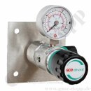 Labor Entnahmestelle auf Wandplatte mit Absperrventil - 50 bar - bis 4,0 bar regelbar - Eingang 1/4" NPT IG oben - Ausgang 1/4" NPT IG unten - EPDM - Messing verchromt 6.0 - GCE DRUVA PLCMEBC