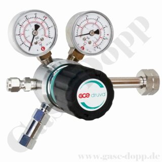 Flaschendruckminderer Prüfgas 200 bar 1-stufig bis 28 bar regelbar - Anschluss M19x1,5 LH DIN 477-1 Nr.14 - Ausgang 6 mm KRV - EPDM - Messing verchromt 6.0 - GCE Druva CPLHESJ