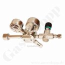 Flaschendruckminderer Helium 200 bar 2-stufig 0,2 bis 2,0 bar regelbar - Anschluss W21,8x1/14" DIN 477-1 Nr. 6 - Ausgang Absperrventil KRV 6 mm - 3 m³/h - FKM - Messing verchromt 6.0 - GCE Druva CPLLVDJ