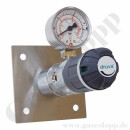Labor Entnahmedruckminderer auf Wandplatte mit Absperrventil - Messing verchromt - max. 50 bar / 0,5 - 10,0 bar regelbar - Eingang 1/4" NPT IG oben - Ausgang 1/4" NPT IG unten - FKM - GCE DRUVA PLCIVBC