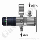 Labor Entnahmedruckminderer auf Wandplatte mit Absperrventil - Messing verchromt - max. 50 bar / 0,5 - 10,0 bar regelbar - Eingang 1/4" NPT IG oben - Ausgang 1/4" NPT IG unten - FKM - GCE DRUVA PLCIVBC