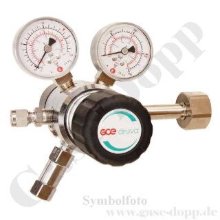 Flaschendruckminderer Wasserstoff 200 bar 2-stufig bis 1,0 bar regelbar - Anschluss W21,8x1/14" LH DIN 477-1 Nr.1 - Ausgang 6 mm KRV - 20 m³/h - Messing verchromt 6.0 - GCE Druva CPLH0DJ