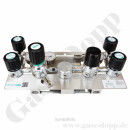 Batteriedruckminderer Entspannungsstation - halbautomatische Umschaltung - 200 bar - bis 14 bar regelbar - 2-stufig - 2 Eingänge M14x1,5 AG - Ausgang 1/4" NPT IG - mit Kontaktmanometer Eigengasspülung im Eingang - Edelstahl 6.0 - GCE Druva