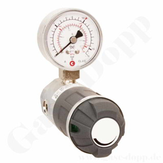 Labor Entnahmedruckminderer Basisversion mit Absperrventil - max. 50 bar / bis 10,0 bar regelbar - Eingang G 3/8" IG hinten - Ausgang 6 mm KRV unten - FKM - Messing verchromt 6.0 - GCE DRUVA PLCIVBCFM